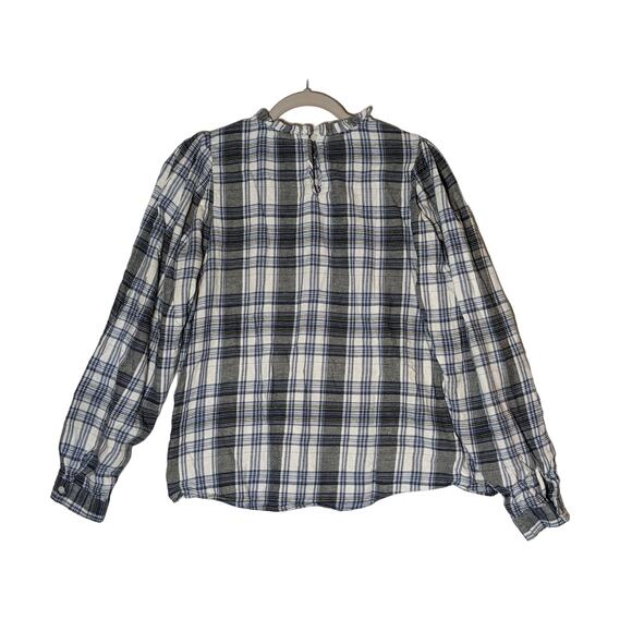 Universal Thread Plaid Flannel Shirt Medium Blue Gray Ruffle Neck Long Sleeves - Picture 2 of 9